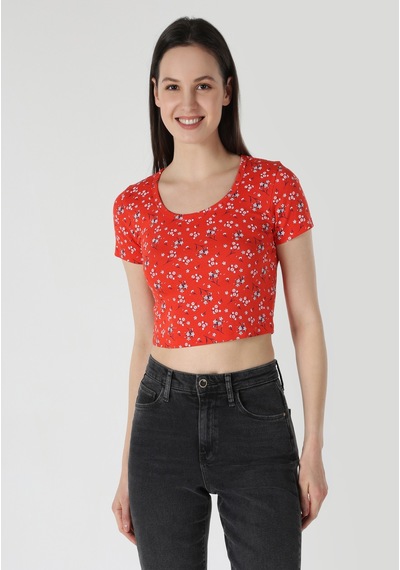 Colins Slim Fit Yuvarlak Yaka Çiçekli Kadın Kirmizi Kısa Kol Tişört Cl1063447 Q1.v2 Crl MERCAN