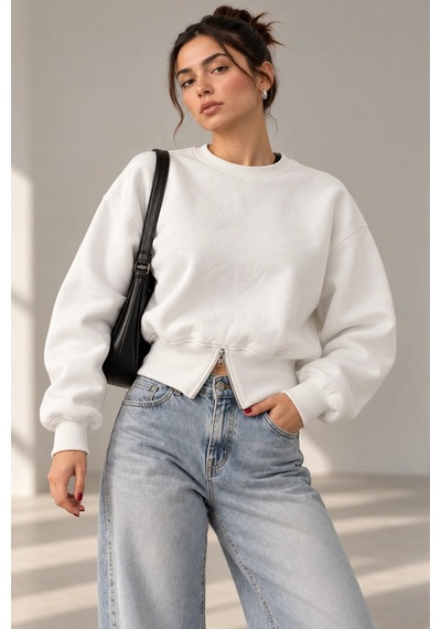 Bbbutikbasic Fermuar Detaylı Şardonlu 3 İplik Kadın Sweatshirt My3535 beyaz