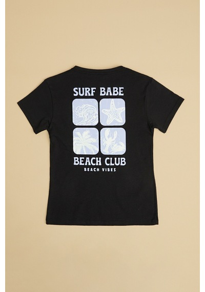 Fullamoda Surf Babe Yazı Baskılı Kız Çocuk Tişört Siyah