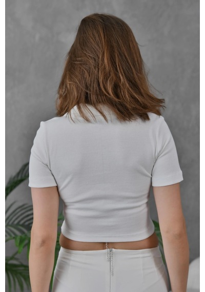 Park Karon Kadın Beyaz Polo Yaka Basic Crop Body BEYAZ