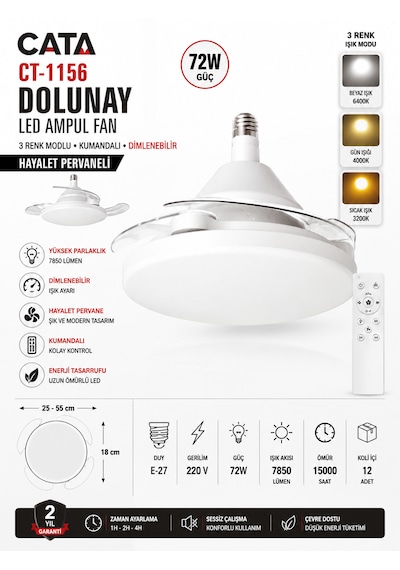 Cata Ct-1156 Dolunay 3 Renk Modlu Kumandalı Dimlenebilir Hayalet Pervaneli 72w Ampul Sarı - Beyaz