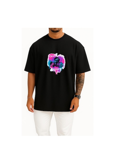 Bahriyeli Collection Oversize Bu Benim Terapim Dumbell Fitness Gym Göğüs Baskılı Unisex T-shirt Siyah