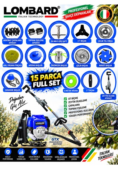Vertoro-15x 15 Parça Full Set Sırt Tipi Çapalama+zeytin Silkeme Hasat Toplama Gtx Seri Tırpan Motoru
