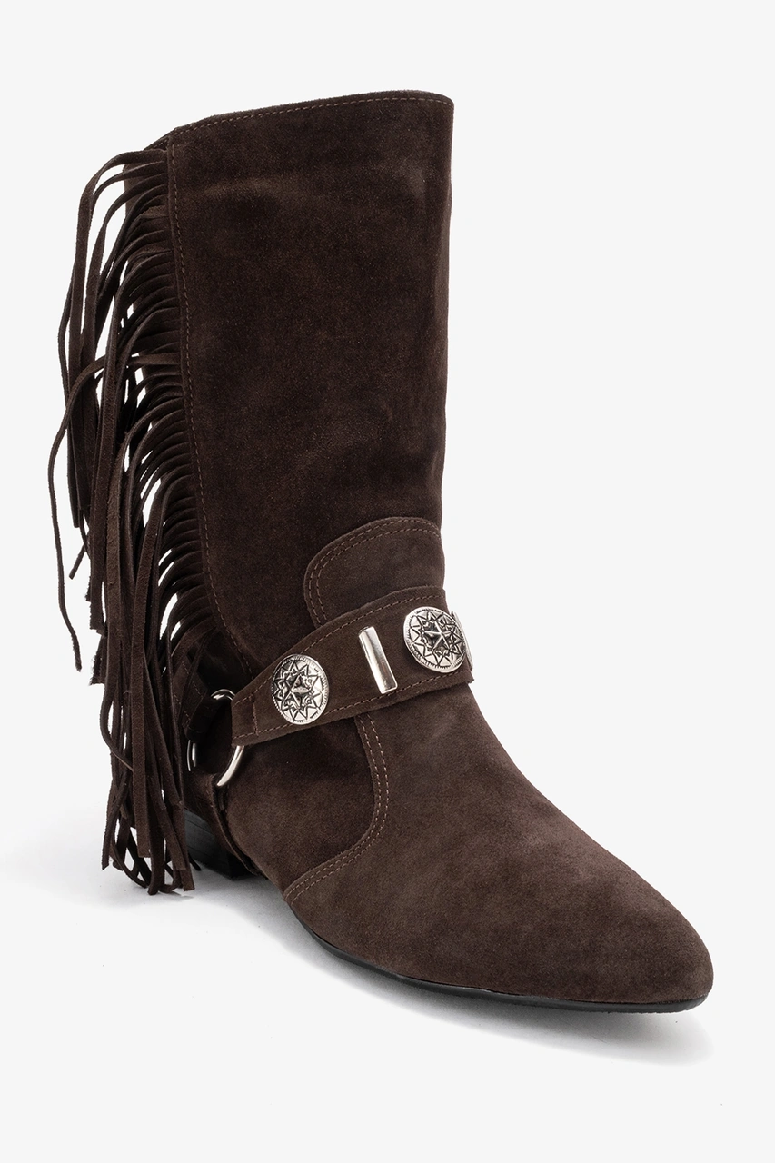 Luvishoes Luvi Shoes Selora Kahverengi Süet Püsküllü Hakiki Deri Tokalı Kadın Western Bot Süet Kahve