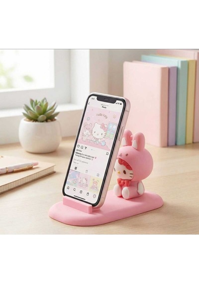 1 Adet Karakter Figürlü Telefon Tucucu Silikon Stand Pembe