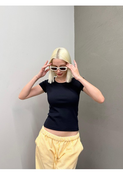 Lacivert Geniş Yaka Fittili Basic Kadın T-shirt Mg2293 Lacivert