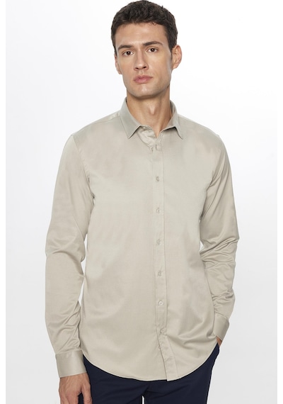 Tudors Erkek Slim Fit Dar Kesim Uzun Kollu Pamuklu Saten Taş Renk Gömlek-31395 Taş