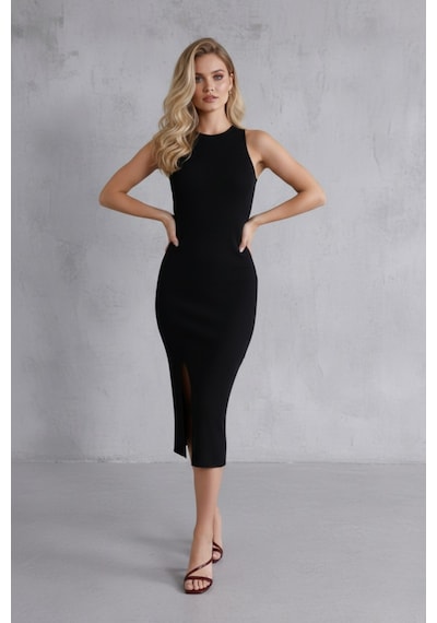 Defymoda Kadın Siyah Halter Yaka Yırtmaçlı Pamuklu Fitilli Likralı Kaşkorse Slim Fit Midi Elbise Siyah