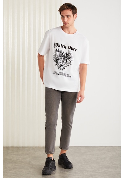 Grimelange Clıent Erkek %100 Organik Pamuklu Regular Fit Baskı Detaylı Bisiklet Yaka Örme Beyaz T-shirt
