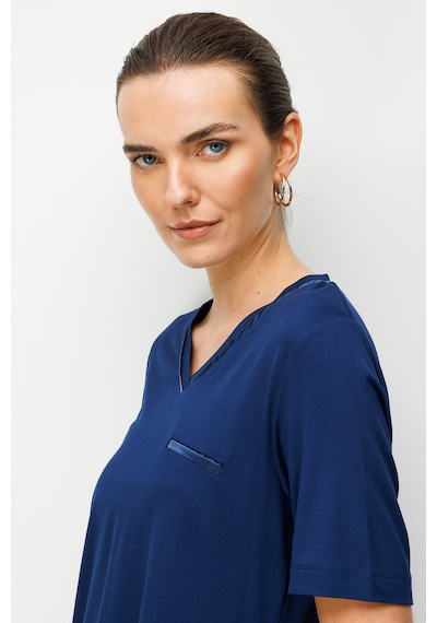 Desen Triko Kadın V Yaka Cebi Saten Şeritli Penye T-shirt 26828 Lacivert Lacivert
