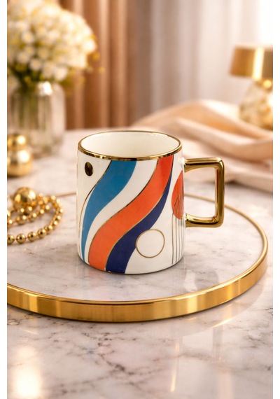 Acar Lüks Porselen Yaldızlı Desenli Kupa Bardak 220ml Beyaz