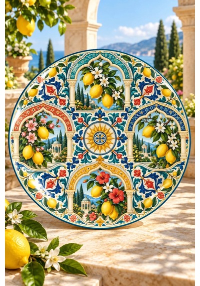 Dekoratif Duvar Tabağı Limonlu Saray Bahçesi Dekorlu Seramik Tabak Çok Renkli