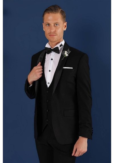 Efor Black 069 Slim Fit Yelekli Çıkarılabilir Saten Yaka Çift Yırtmaçlı Siyah Damatlık Smokin Takım Siyah Efor Black 069 Slim Fit Yelekli Çıkarılabilir Saten Yaka Çift Yırtmaçlı Siyah Damatlık Smokin Takım Siyah