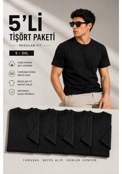 Masion Rae Erkek 5'li Basic Regular Fit Tişört Seti %100 Pamuk Bisiklet Yaka Siyah Renk