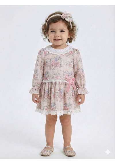 Xo Kids Kız Çocuk Çiöekli Elbise + Kürk Yakalı Bolero 1-5 Yaş 4741 Pembe