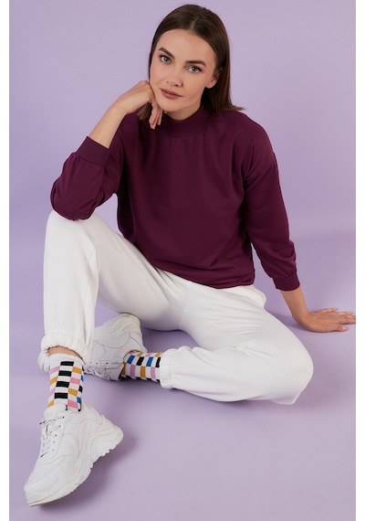 Lela Pamuklu Dik Yaka Basic Örme Bayan Sweat 5863323 Mor