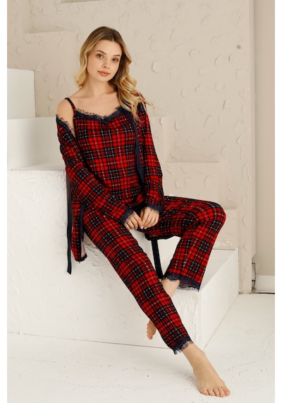 Nisanca Sabahlıklı Dantel Detaylı Pegasus Kadın Pijama Takımı-çeyizlik Takım- Geniş Beden Aralığı Kırmızı