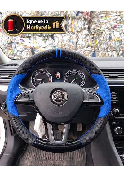 Skoda Rapid Dikme Direksiyon Kılıfı Delikli Deri Parlak Siyah Mavi Detay Çift Yüzük Ve Dikiş 2015-2019