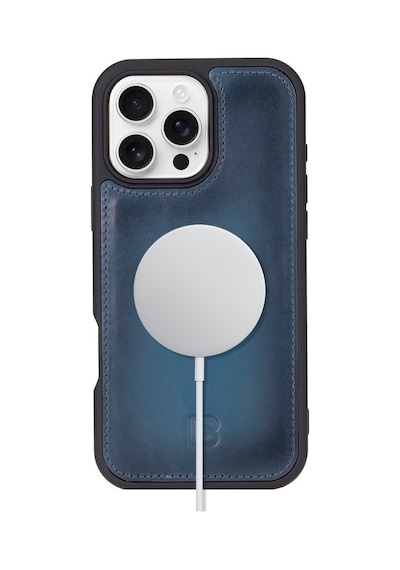 Apple Uyumlu iPhone Bouletta 16 Pro Hakiki Deri El Yapımı Cüzdanlı Kılıf Gölgeli Mavi