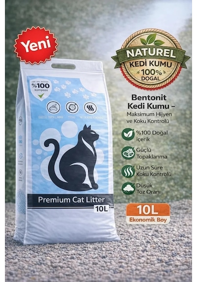 Bentonit Kedi Kumu 10 Litre %100 Beyaz Bentonit Kalın Taneli Kokusuz Tozsuz Topaklanan Premium Kedi