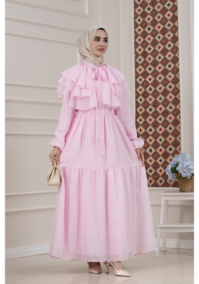 Sevitli Fırfır Detaylı Roza Tesettür Elbise-pembe-5775
