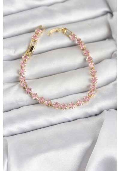 Pembe Kare Zirkon Taşlı Gold Renk Pirinç Su Yolu Kadın Bileklik - Pembe