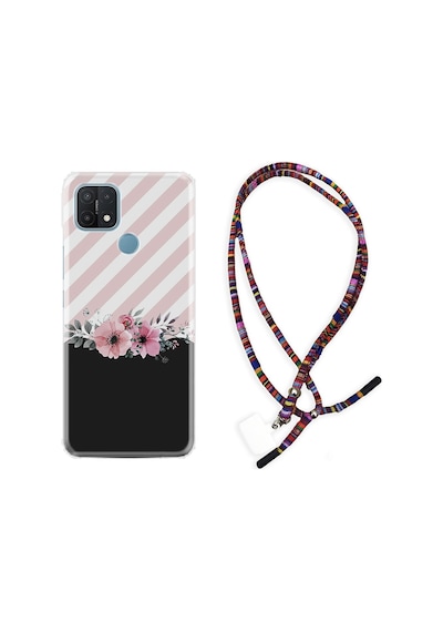 Oppo A15S Kılıf Rasta Boyun Askılı Strip Pink Flowers 1396