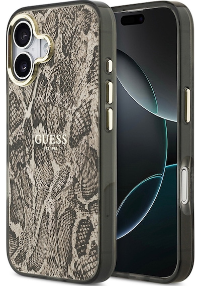 Apple Uyumlu iPhone 17 Kılıf Guess Lisanslı M-safe Özellikli Yazı Logolu Python Desenli Kapak Kahverengi Kahverengi