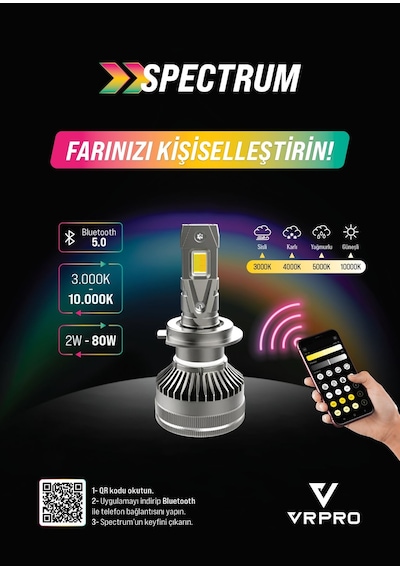 Vrpro Spectrum H4 Led Xenon Far Ampulü 12-24v Telefondan Uygulama Kontrollü 3000k-10000k Ayarlı