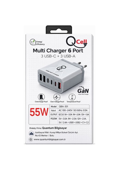 Qcell Super Fast Charger 6 Port 55 Watt Gan Beyaz Adaptör Süper Hızlı Şarj
