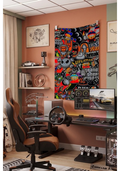 Renkli Pop Art Kolaj Duvar Örtüsü, Genç Odası Dekoru, Baskılı Kumaş Duvar Halısı Beyaz