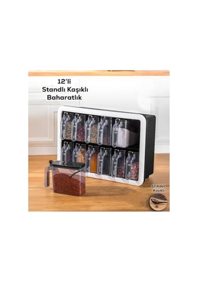 Li Baharatlık Saklama Kabı Seti Standlı Kaşıklı Kapaklı Plastik Cappuccino Genel