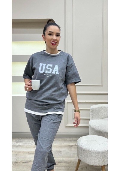 Usa T-shirt Eşofman Altı Jogger- Beyaz Baskılı Füme Eşofman Takım Oversize Bisiklet Yaka Füme-279498