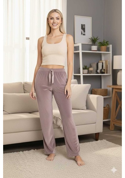 Kadife Gül Kurusu Likralı Soft Kadife Pijama Kahverengi