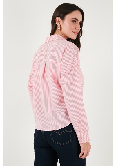 Lela Regular Fit Çizgili Göğüs Cepli Dokulu Bayan Gömlek 6772870 Şeker Pembe