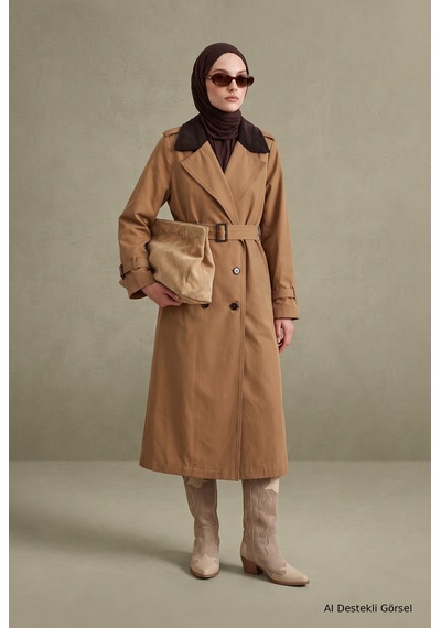 Avenna Kontrast Yaka Belden Kemerli Yandan Cepli Kap 125 Cm Boy Camel 26kt713