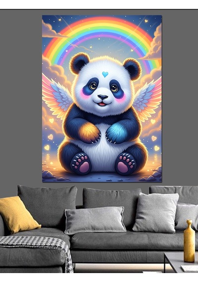Gökkuşağı Ve Sevimli Panda Dekoratif Kanvas - Mdf Ahşap Tablo