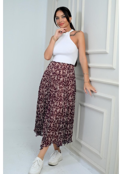 By Saygı Kadın Beli Lastikli Astarlı Mini Çiçekli Midi Kraşlı Üçgen Etek-41697 Mürdüm