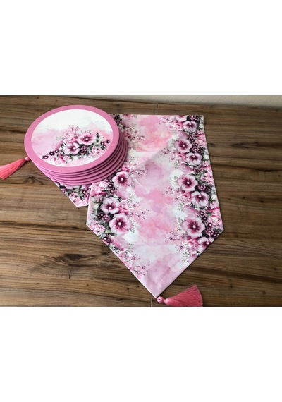 Pembe Çiçek Desenli Runner & Desenli Supla Çok Renkli