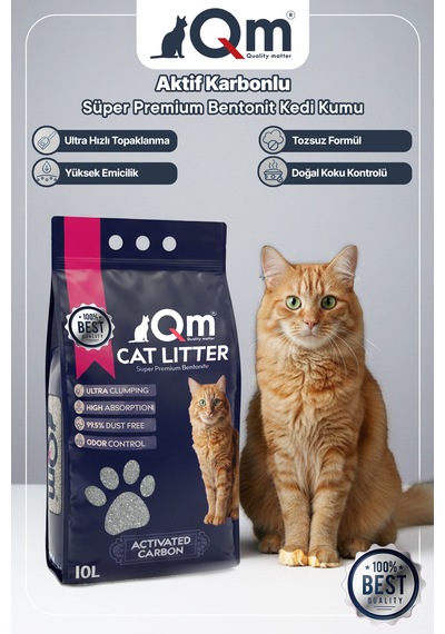 Qm Aktif Karbonlu Süper Premium Bentonit Kedi Kumu 10 L