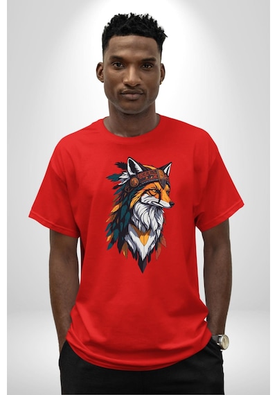 Kızılderili Tilki Pamuklu Bisiklet Yaka Unisex Oversize Boyfriend Dijital Baskılı Kırmızı T-shirt Kırmızı