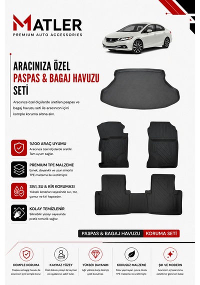 Honda Civic 2016 Model 4d Ekstra Havuzlu Paspas Ve Bagaj Havuzu Set