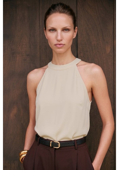 Sateen Halter Yaka Bluz - Bej-137736