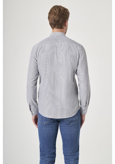 İmza Gri Düğmeli Yaka Uzun Kol Cepsiz Slim Fit Pamuklu Gömlek 1004260205 Beyaz - Siyah