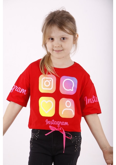 Toontoy Kids Toontoy Kız Çocuk Instagram Baskılı Crop Tişört Kırmızı