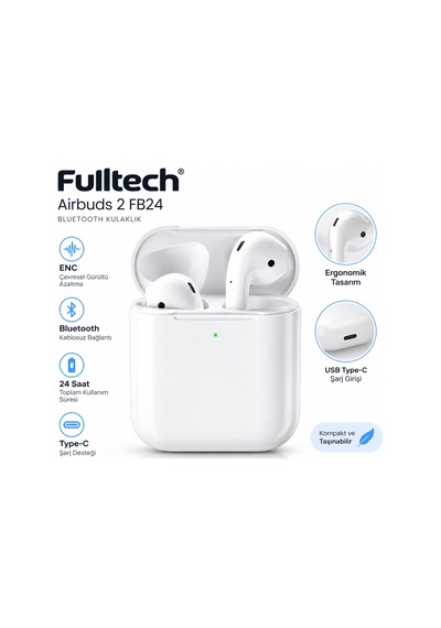 Fulltech Airbuds 2 Fb24 Bluetooth Kablosuz Kulaklık Enc Gürültü Azaltma 24 Saat Kullanım Type-c Şarj Beyaz