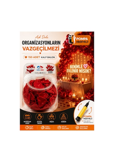 Kids & Kids 150'li Kalp Balon Seti Plastik Saklama Kavanozlu Pompa Hediyeli Sevgililer Günü, Evlilik Teklifi, Nişan Ve Düğün Dekor Balonu Kırmızı