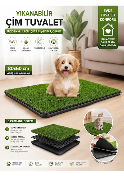 Pro Akıllı Çim Tuvaleti Köpek Kedi İçin 3 Katmanlı Yıkanabilir Hazneli 80x60 Büyük Boy