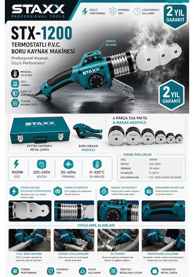 Staxx St1200pp Usta Serisi Pvc Boru Kaynak 1000w 20-63mm Tam Set Profesyonel Kaynak Makinesi Ayarlı