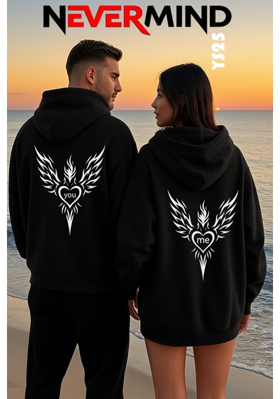 Nevermind Sevgili Kombini 2 Li Kapüşonlu Sweatshirt Seti You & Me Tribal Siyah